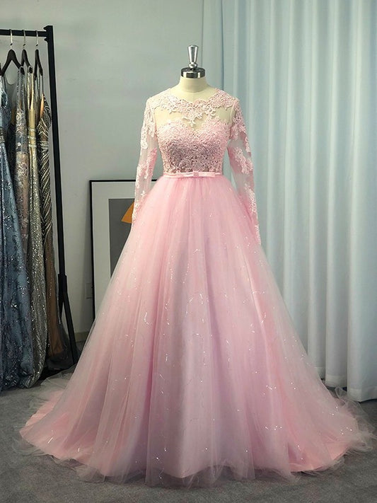 Long Ball Gown Sleeves Lace Tulle Jewel Sweep/Brush Train Dresses