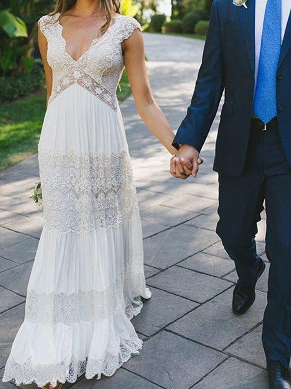 Lace V-neck Sleeves A-Line/Princess Short Ruched Floor-Length Wedding Dresses