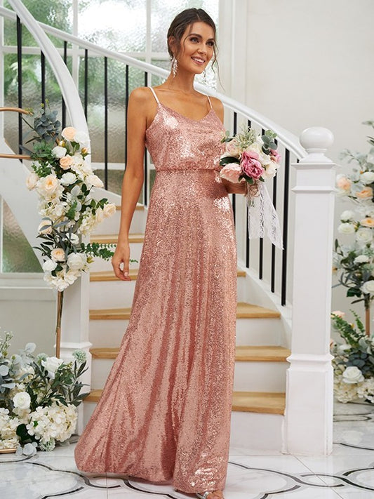 Ruched Sequins Sleeveless A-Line/Princess Straps Floor-Length Bridesmaid Dresses