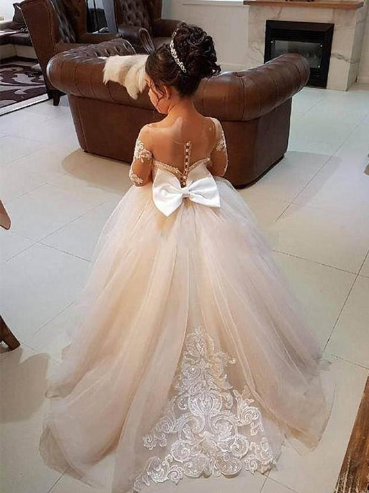 Long Train Sleeves Ball Tulle Applique Gown Off-the-Shoulder Sweep/Brush Flower Girl Dresses