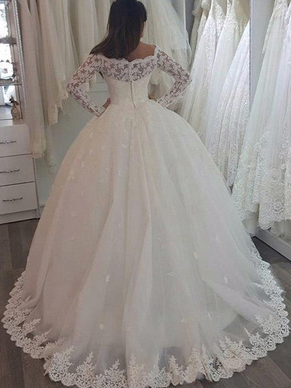 Ball Sleeves Sweep/Brush Off-the-Shoulder Applique Gown Long Train Lace Wedding Dresses