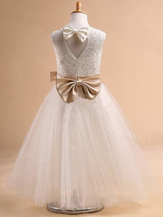 Bowknot Ball Jewel Gown Sleeveless Long Tulle Dresses