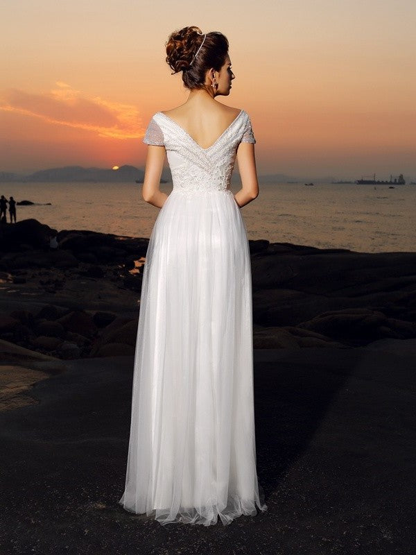 Sleeves A-Line/Princess Tulle Long Off-the-Shoulder Short Beading Beach Wedding Dresses