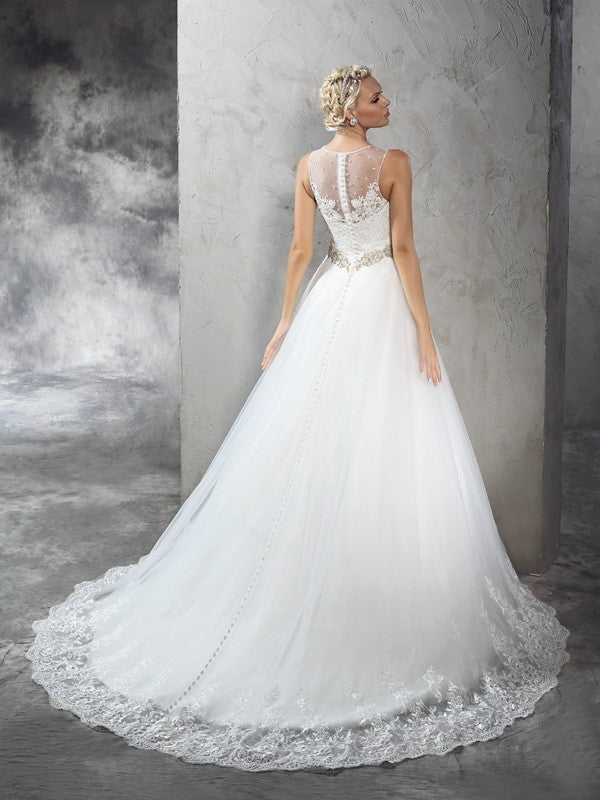 Sheer A-Line/Princess Sleeveless Neck Beading Long Net Wedding Dresses