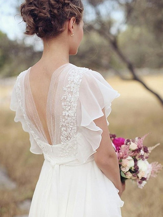 Chiffon A-Line/Princess Sleeves Short Ruched V-neck Floor-Length Wedding Dresses