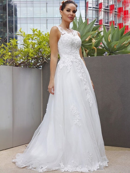 Scoop A-Line/Princess Sleeveless Lace Tulle Sweep/Brush Train Wedding Dresses