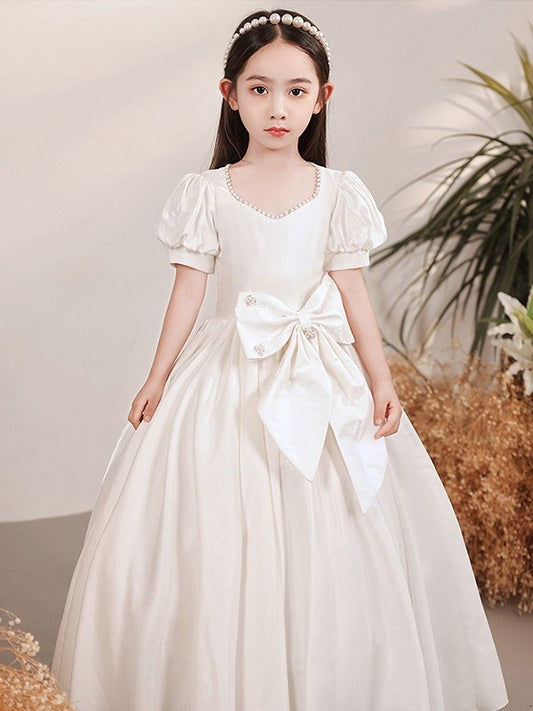 Bowknot Sweetheart Floor-Length A-Line/Princess Short Sleeves Satin Flower Girl Dresses