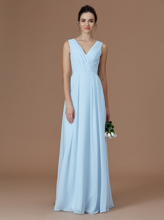 A-Line/Princess Ruched Sleeveless Floor-Length V-neck Chiffon Bridesmaid Dresses