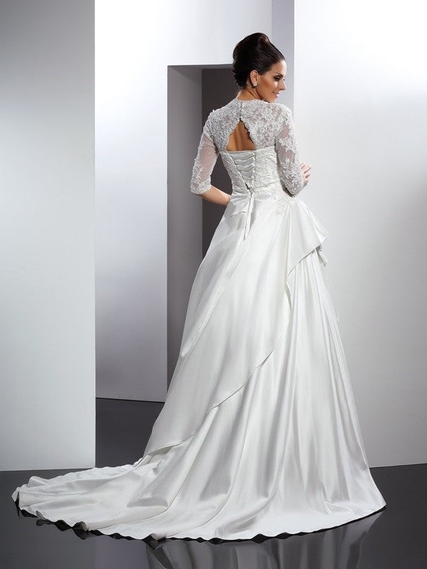Applique Sleeves 1/2 V-neck Long A-Line/Princess Satin Wedding Dresses