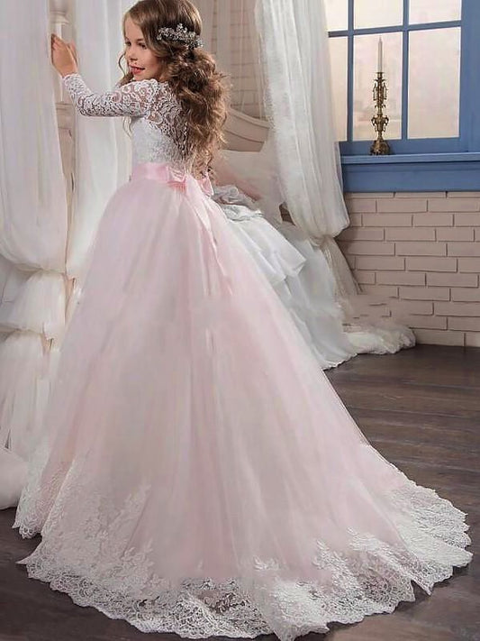 Gown Tulle Jewel Ball Lace Long Train Sleeves Sweep/Brush Flower Girl Dresses