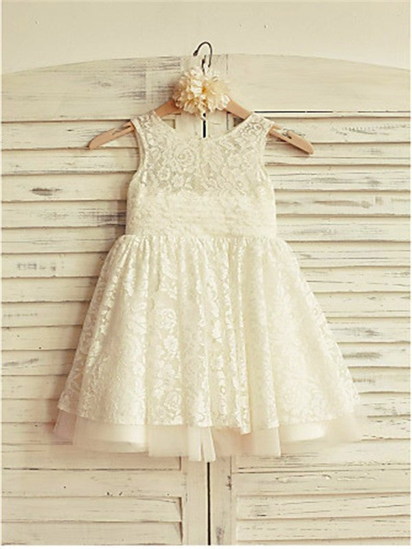 Ruffles Lace Scoop Sleeveless Tea-Length A-line/Princess Flower Girl Dresses