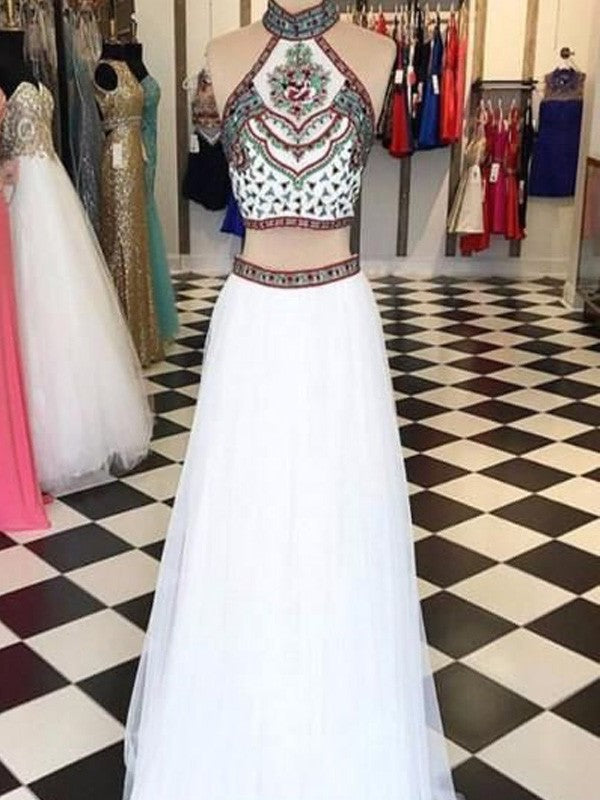 Net A-Line/Princess Sleeveless Beading Halter Floor-Length Two Piece Dresses