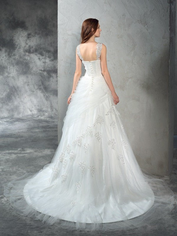 Ball Long Applique Straps Gown Sleeveless Net Wedding Dresses