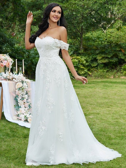 Sleeveless A-Line/Princess Off-the-Shoulder Lace Sweep/Brush Applique Train Wedding Dresses
