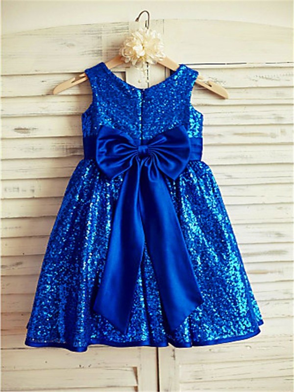 Scoop A-line/Princess Bowknot Tea-Length Sleeveless Sequins Flower Girl Dresses