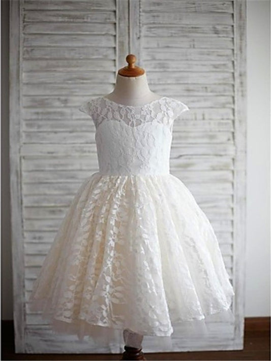 Tea-Length Lace Scoop Sleeves Short A-line/Princess Flower Girl Dresses