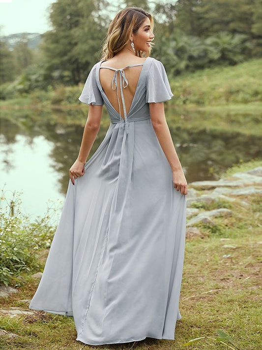 A-Line/Princess Chiffon Sleeves V-neck Short Ruffles Floor-Length Bridesmaid Dresses
