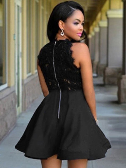 Jewel Cut Lace Satin A-Line Short With Black Homecoming Dresses