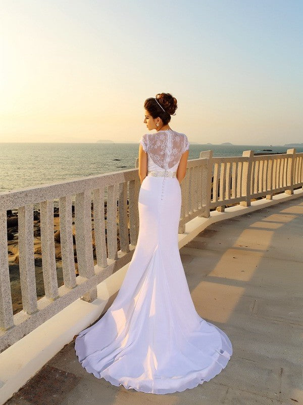 Long V-neck Beading Sheath/Column Chiffon Sleeveless Beach Wedding Dresses