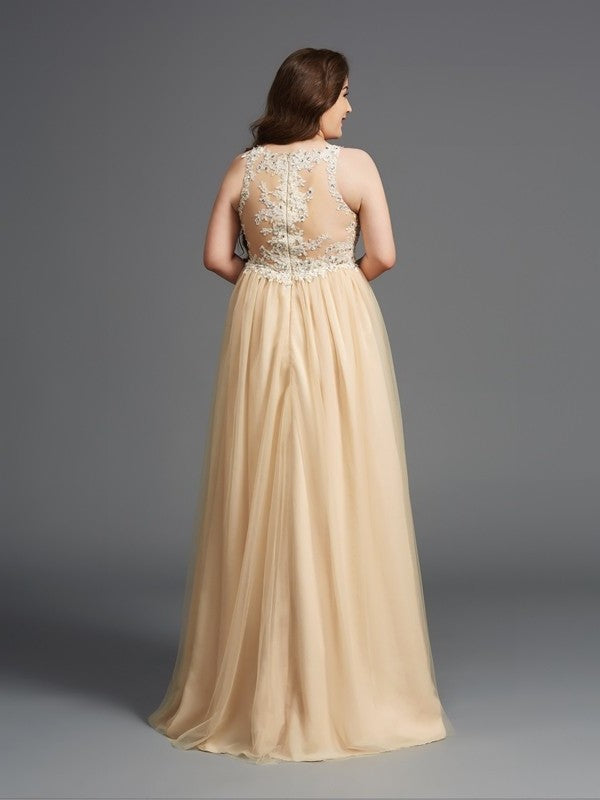 Rhinestone Scoop Net Sleeveless A-Line/Princess Long Plus Size Dresses