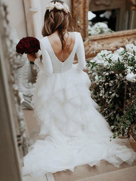 Ruffles Tulle A-Line/Princess Long Sweep/Brush Scoop Sleeves Train Wedding Dresses