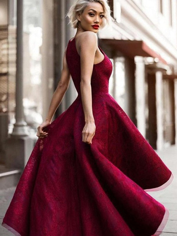 Asymmetrical A-Line/Princess Jewel Sleeveless Ruffles Lace Dresses