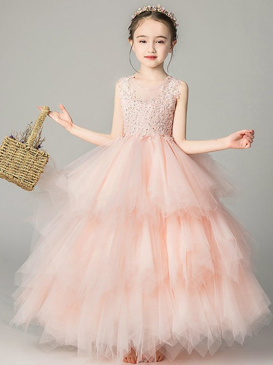 A-Line/Princess Floor-Length Applique Scoop Tulle Sleeveless Flower Girl Dresses
