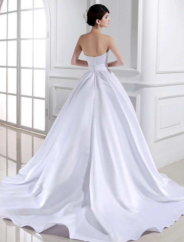 Sleeveless Ball Strapless Long Beading Gown Satin Wedding Dresses