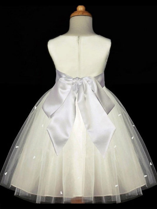 Hand-made Scoop Flower Long Tulle A-line/Princess Sleeveless Flower Girl Dresses