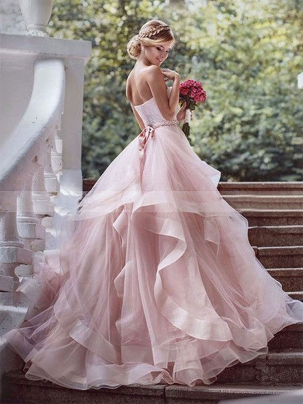 Court Gown Ball Layers Train Sweetheart Sleeveless Organza Wedding Dresses