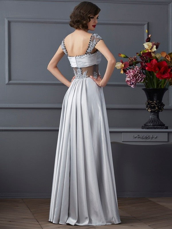 Sleeveless Off A-Line/Princess Long Pleats Elastic the Shoulder Woven Satin Dresses