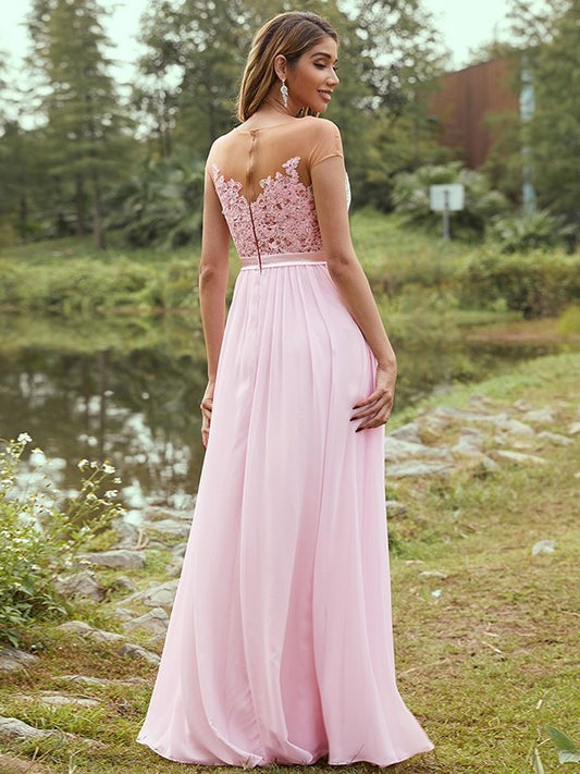Chiffon Scoop Short Sleeves Applique A-Line/Princess Floor-Length Bridesmaid Dresses