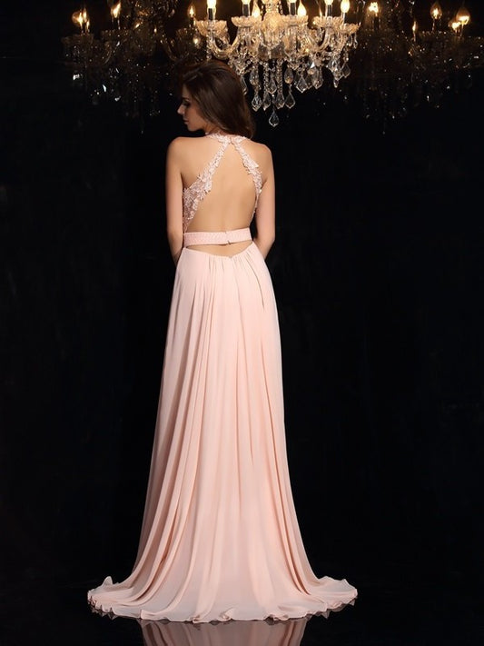 Halter Sleeveless Lace A-Line/Princess Long Chiffon Dresses