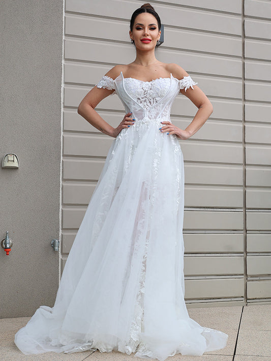 Tulle Sweep/Brush Off-the-Shoulder Applique A-Line/Princess Sleeveless Train Wedding Dresses