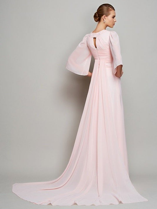 Beading Mother of A-Line/Princess Neck Chiffon High Long Sleeves 1/2 the Bride Dresses
