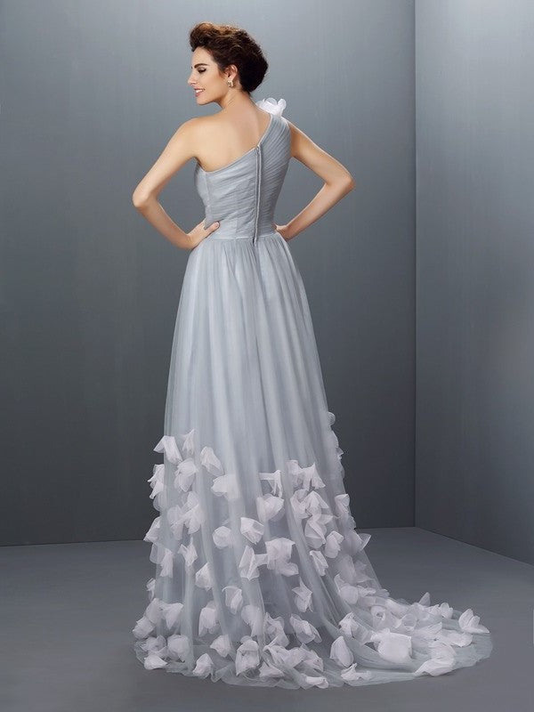 Sleeveless Hand-Made Flower A-Line/Princess One-Shoulder Long Net Dresses