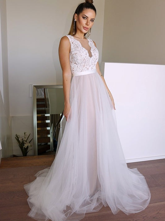 Scoop Sweep/Brush Tulle Lace Sleeveless A-Line/Princess Train Wedding Dresses