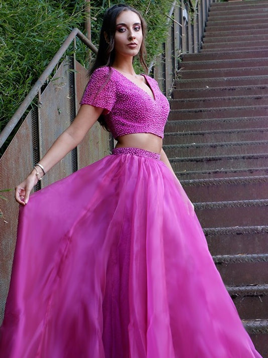 A-Line/Princess Tulle Sleeves Short Floor-Length Beading V-neck Two Piece Dresses