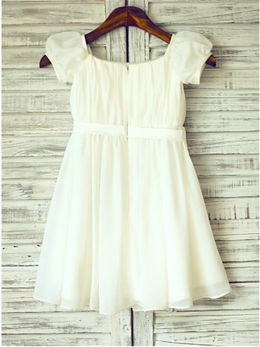 Ruched Chiffon Short Sleeves Square Tea-Length A-line/Princess Flower Girl Dresses