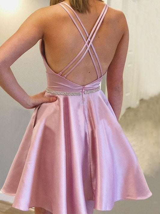 Straps Sleeveless Rhinestone With A-Line/Princess Satin Short/Mini Homecoming Dresses