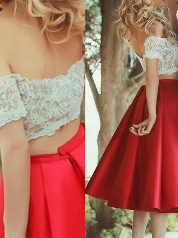 Lace Off-the-Shoulder A-Line/Princess Knee-Length Sleeveless Satin Two Piece Dresses