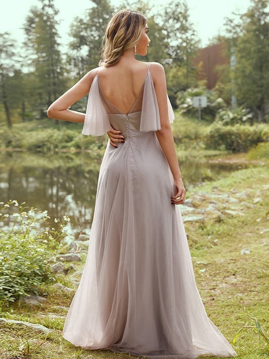 Tulle V-neck Sleeveless A-Line/Princess Ruffles Floor-Length Bridesmaid Dresses