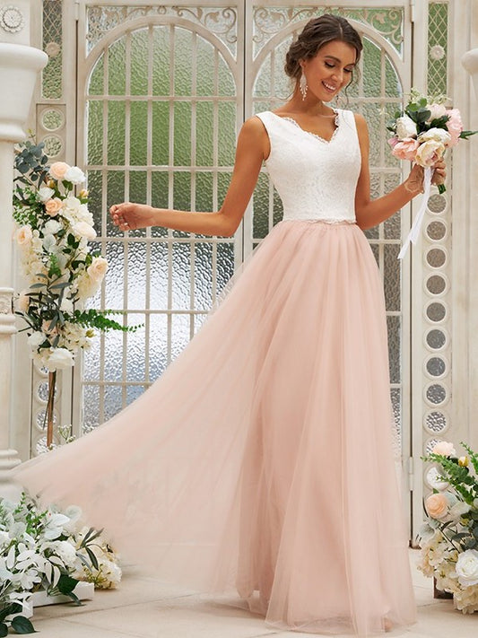 V-neck Sleeveless Tulle Lace A-Line/Princess Floor-Length Bridesmaid Dresses