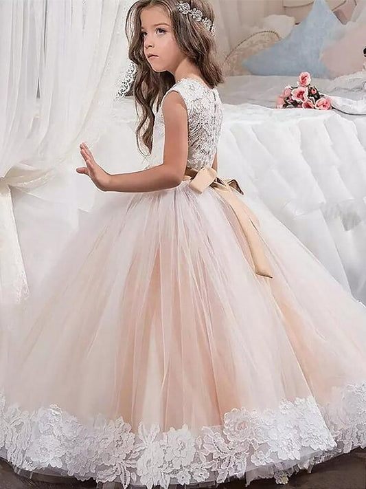 Gown Scoop Floor-Length Lace Ball Sleeveless Tulle Flower Girl Dresses