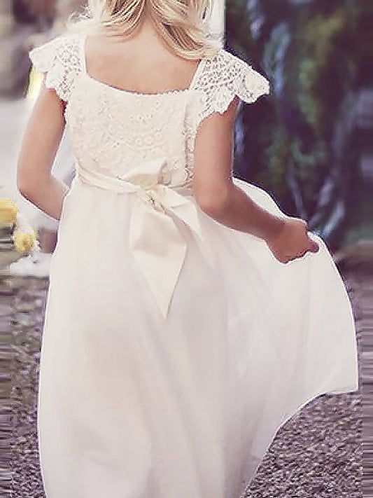 A-line/Princess Square Sleeves Lace Short Floor-Length Chiffon Flower Girl Dresses