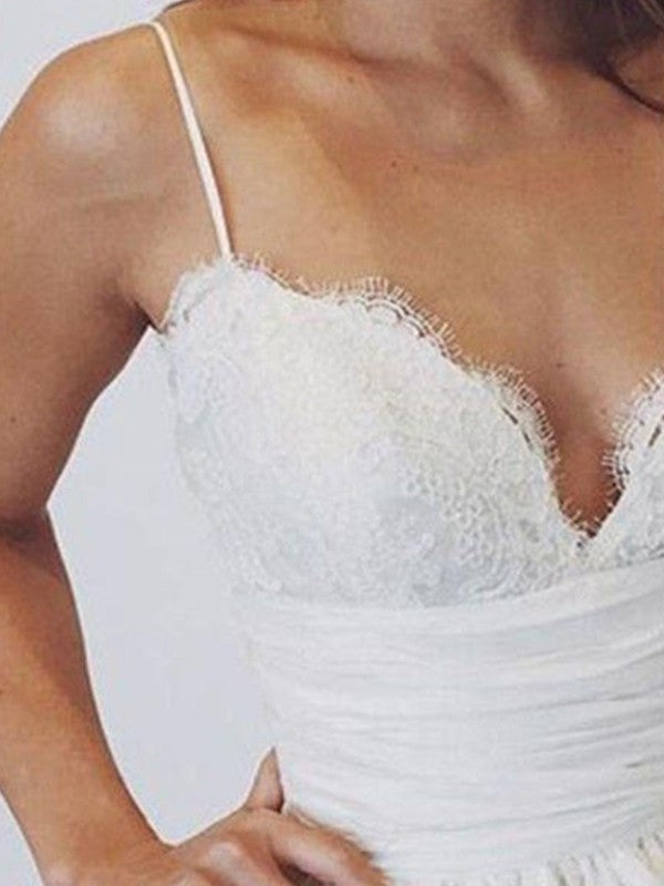Sweep/Brush Ball Spaghetti Straps Sleeveless Satin Gown Ruched Train Wedding Dresses
