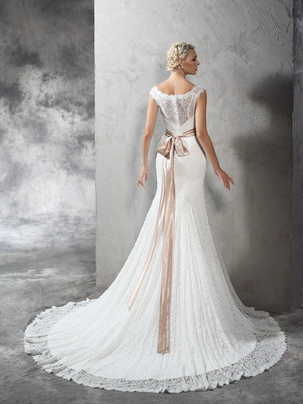 Neck Sleeveless Long Sheer Sash/Ribbon/Belt Sheath/Column Lace Wedding Dresses