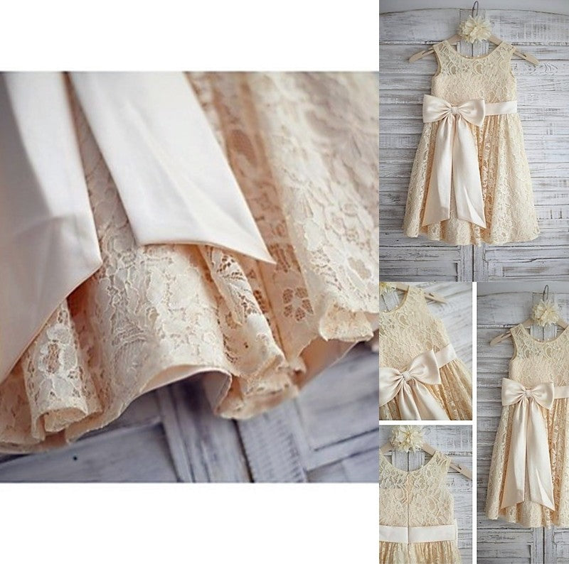Bowknot Lace Knee-Length Scoop Sleeveless A-line/Princess Flower Girl Dresses
