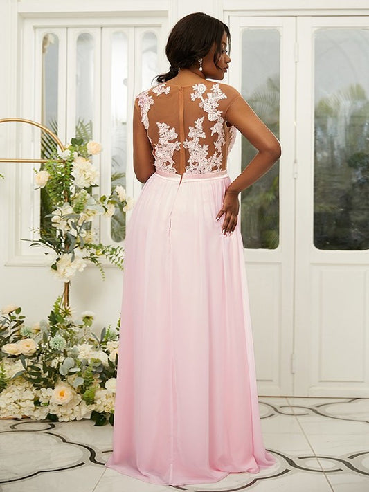 Scoop A-Line/Princess Sleeveless Chiffon Applique Floor-Length Bridesmaid Dresses