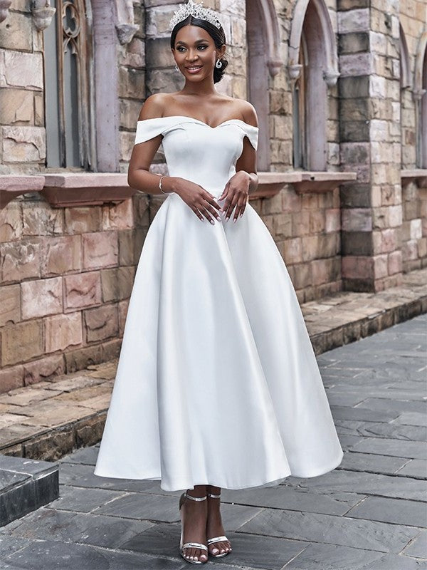 Satin Sleeveless A-Line/Princess Ruffles Off-the-Shoulder Ankle-Length Wedding Dresses